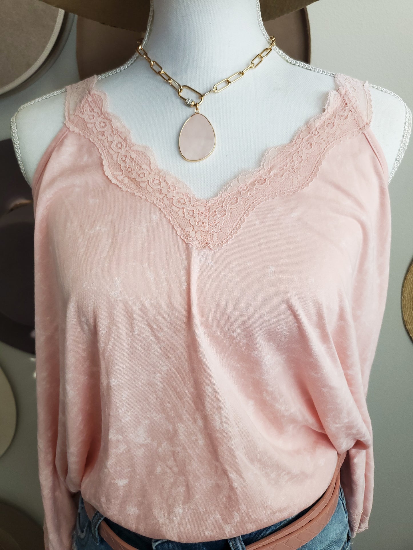 Lace Trim Natali Tank Top-Blush