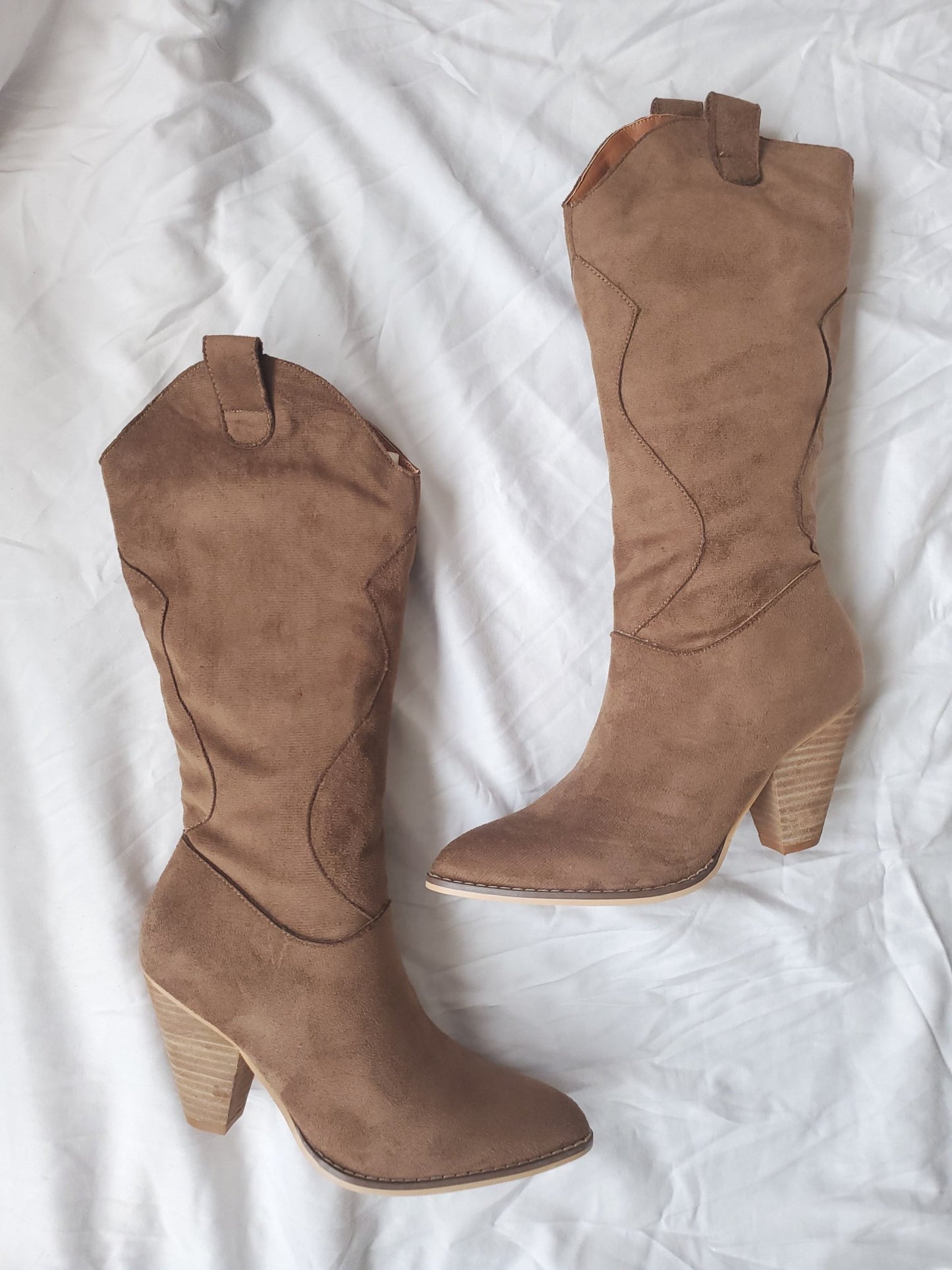 Bohemian Western Pointed Toe Low Heel  Faux Suede Boot-Camel