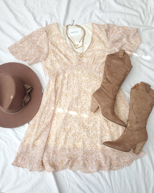 FLORAL FLUTTER SLEEVE BABYDOLL DRESS