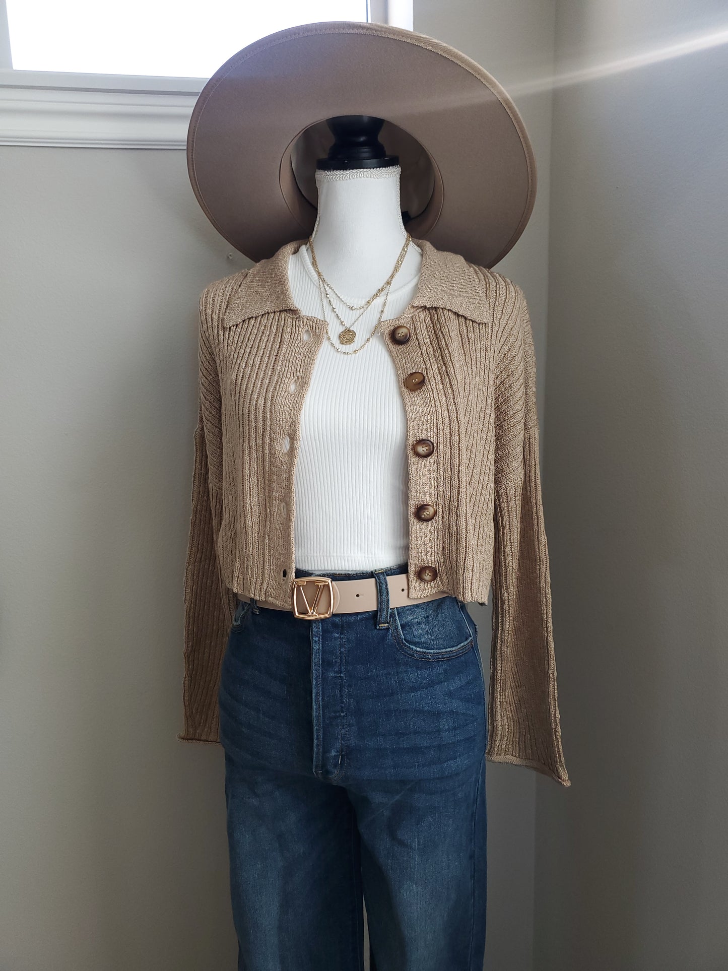 Slouchy Collared Button Cropped Cardigan