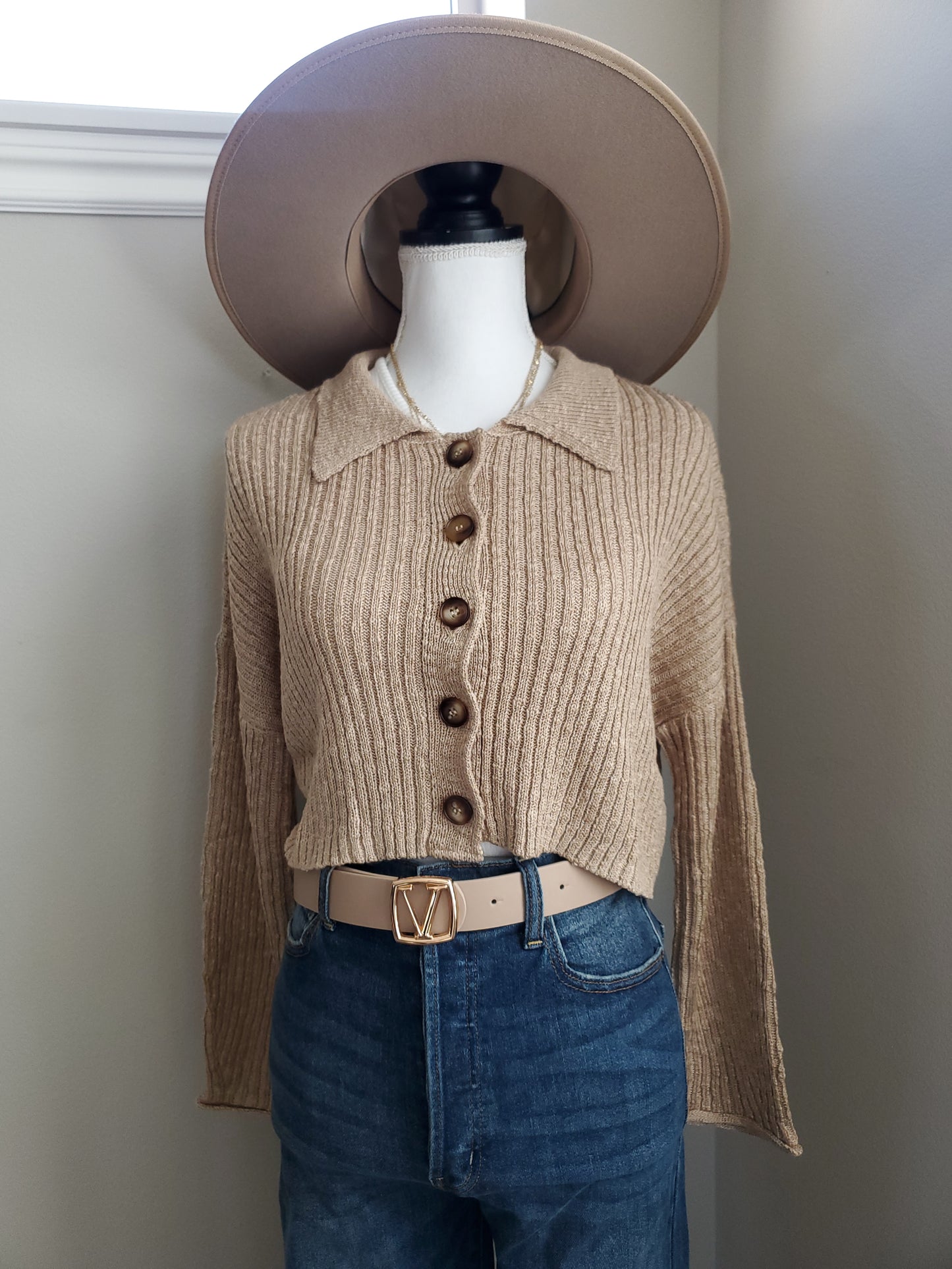 Slouchy Collared Button Cropped Cardigan