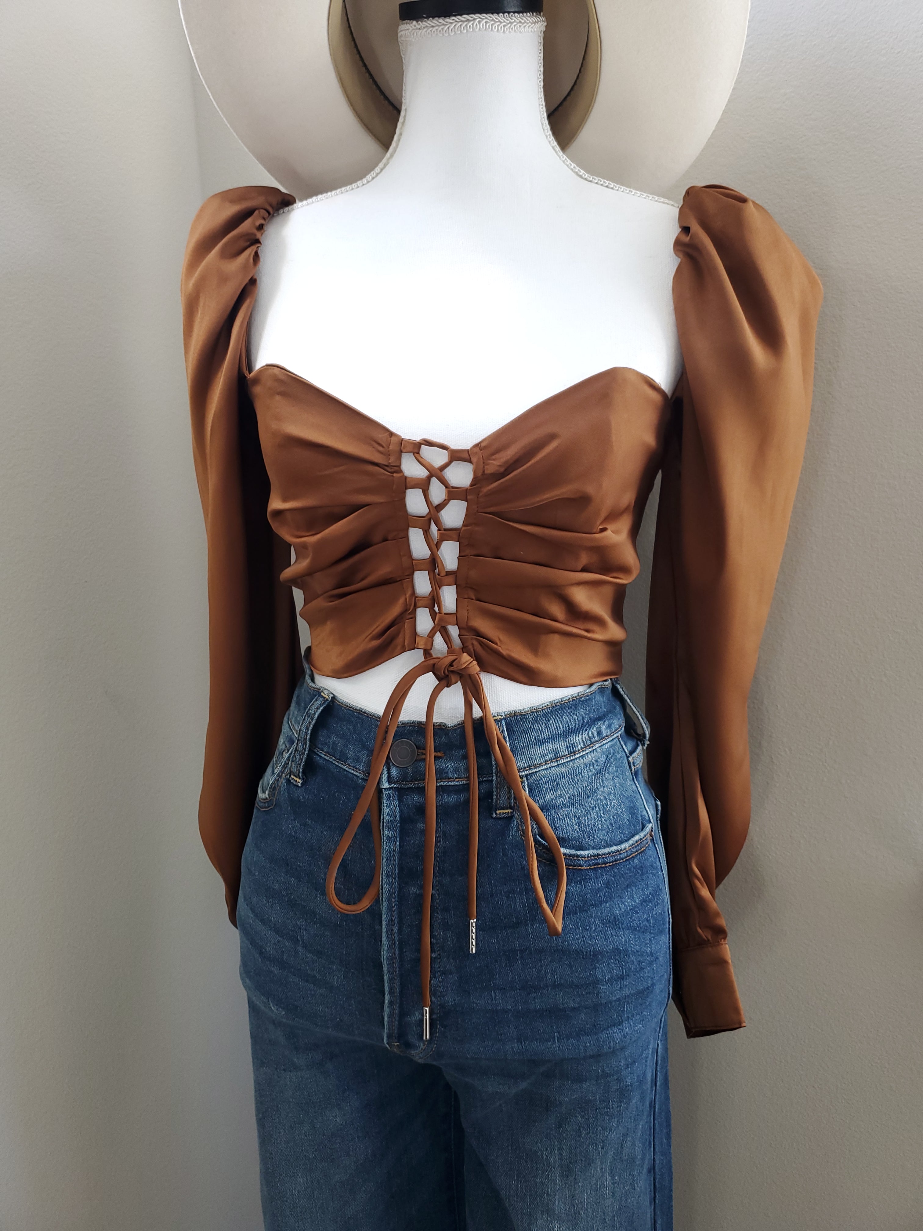 SOLID SATIN FRONT LACE UP CROP TOP