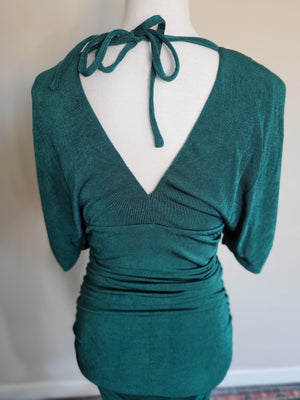 Ruched Bodycon Slinky Green Dress With Side Slit