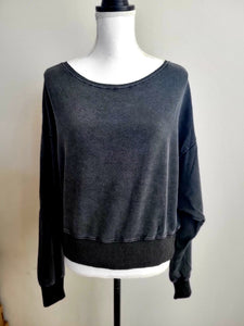 Long Sleeve Mineral Washed Knit Loose Fit Cropped Sweatshirt Top-Black