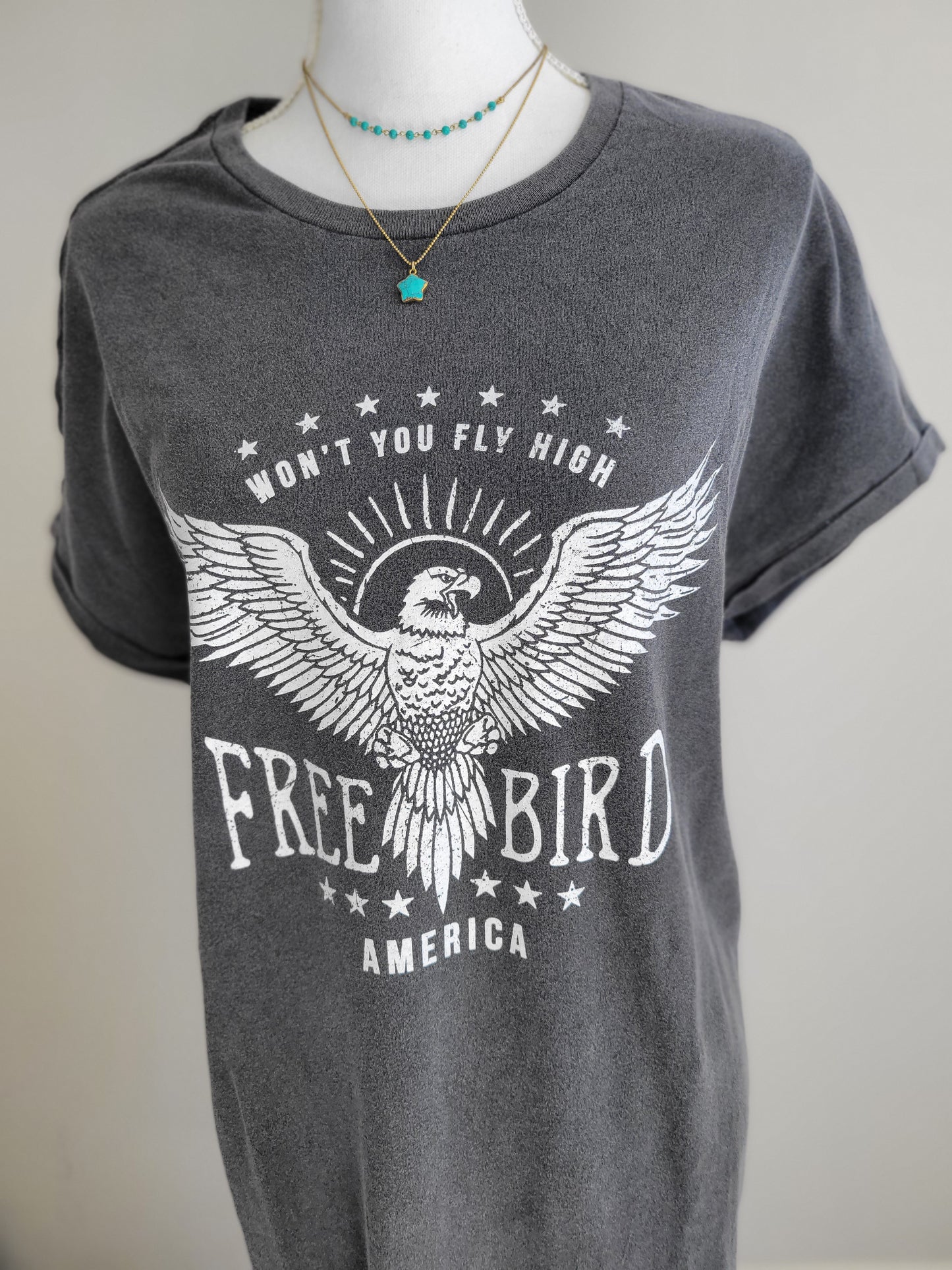 WON'T YOU FLY HIGH FREE BIRD GRAPHIC SOFT MINERAL WASHED COTTON T SHIRT DRESS