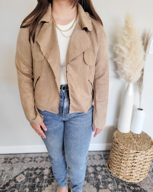 Faux Suede Moto Jacket-Tan