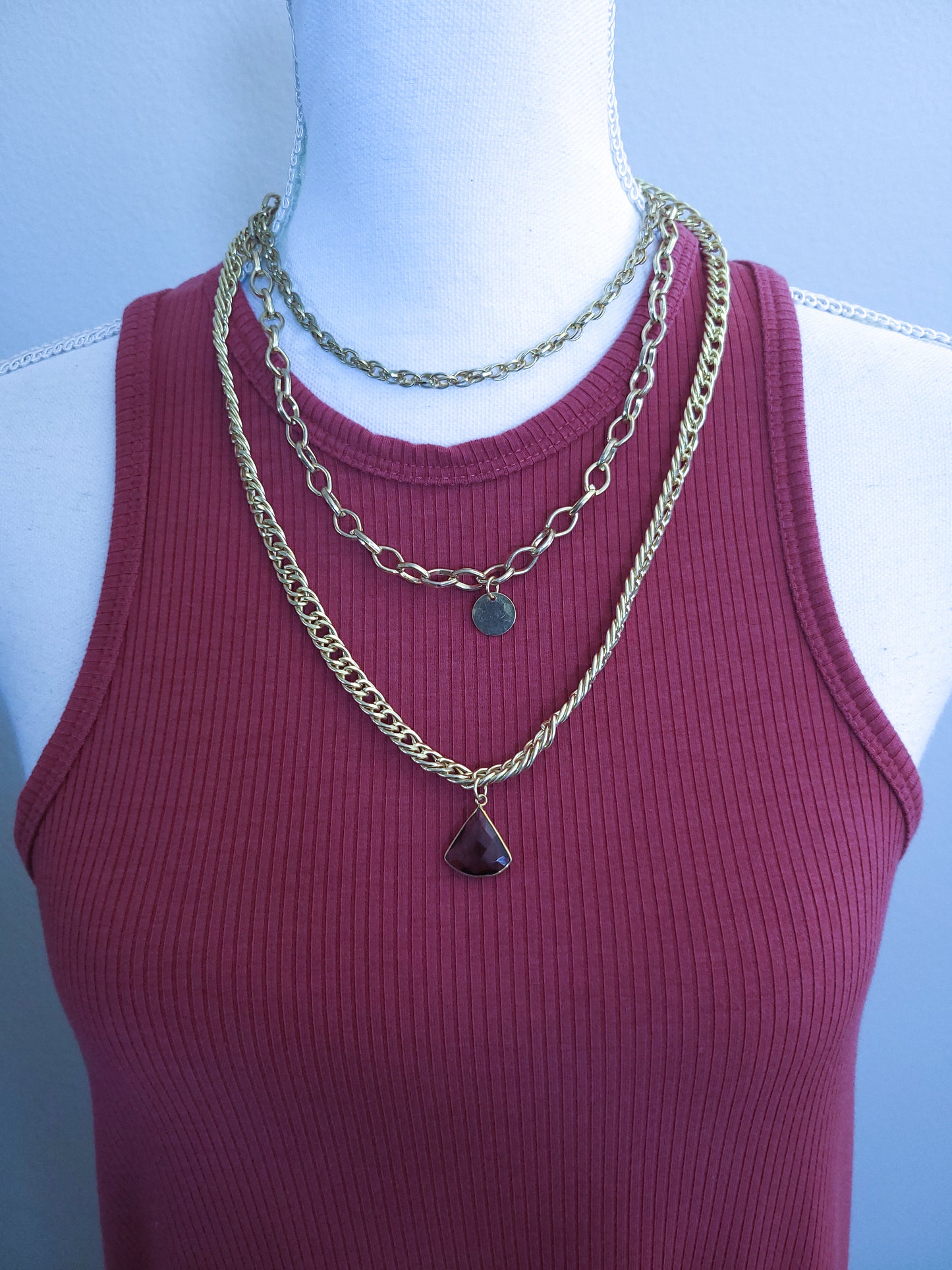 Herringbone Layered Chain Stone Charm Necklace