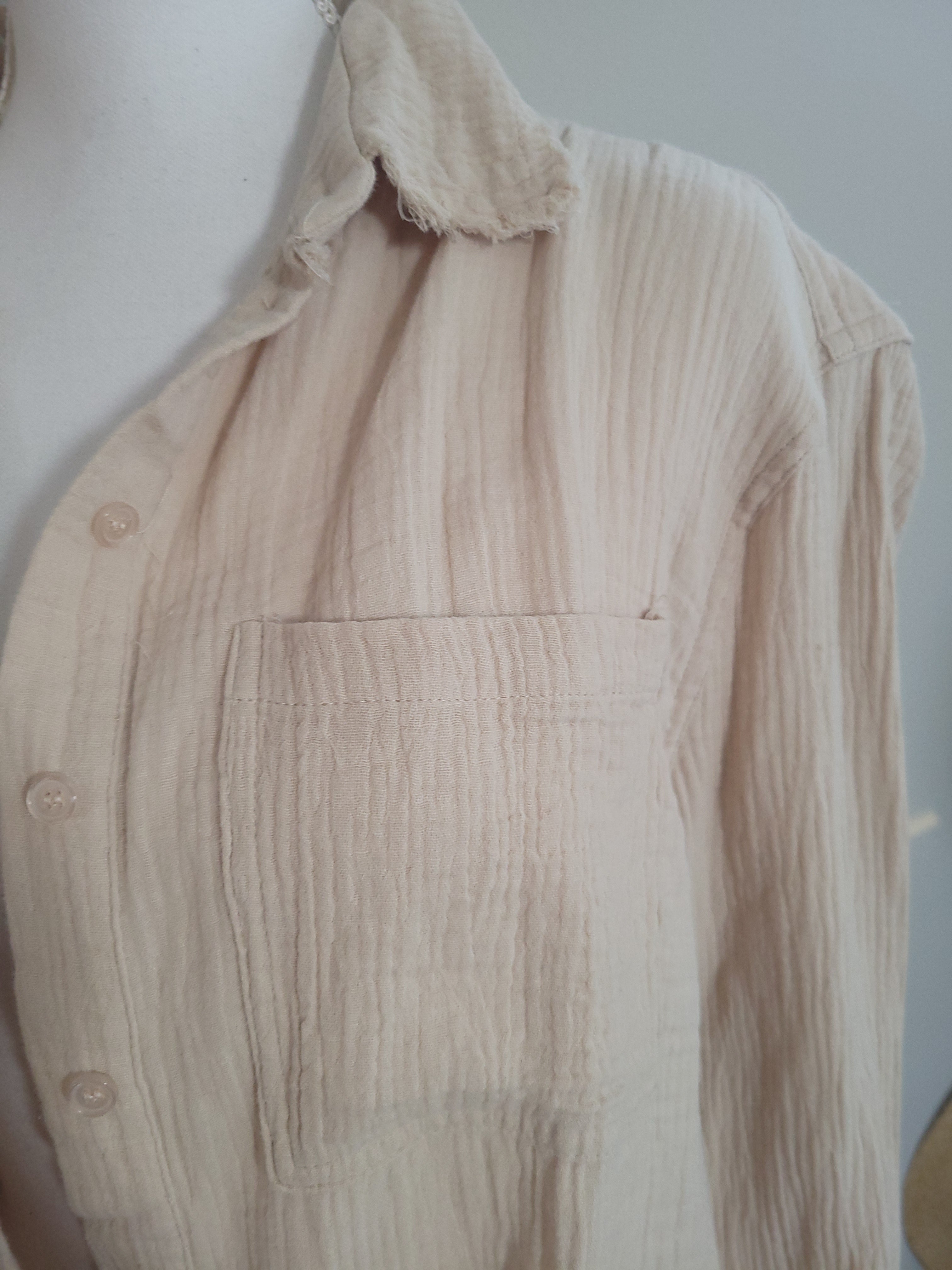 Oversized Long Sleeve Raw Edge Button Down Top-Beige