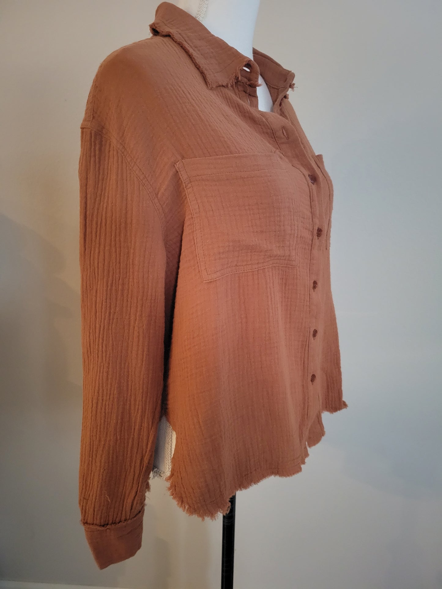 Long Sleeve Raw Edge Button Down Top-Camel