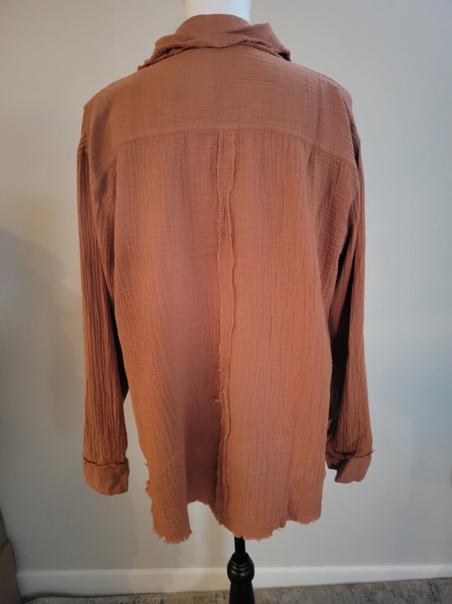 Long Sleeve Raw Edge Button Down Top-Camel