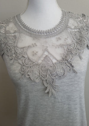 Embroidery Lace Trim Lace Grey Tank Top S-XL