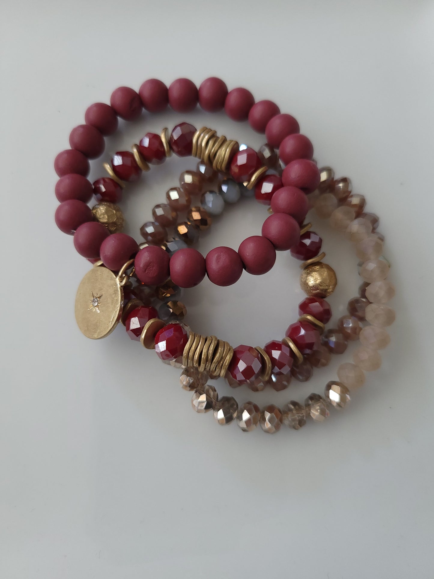 Faceted bead assorted stretch bracelet set-Wine