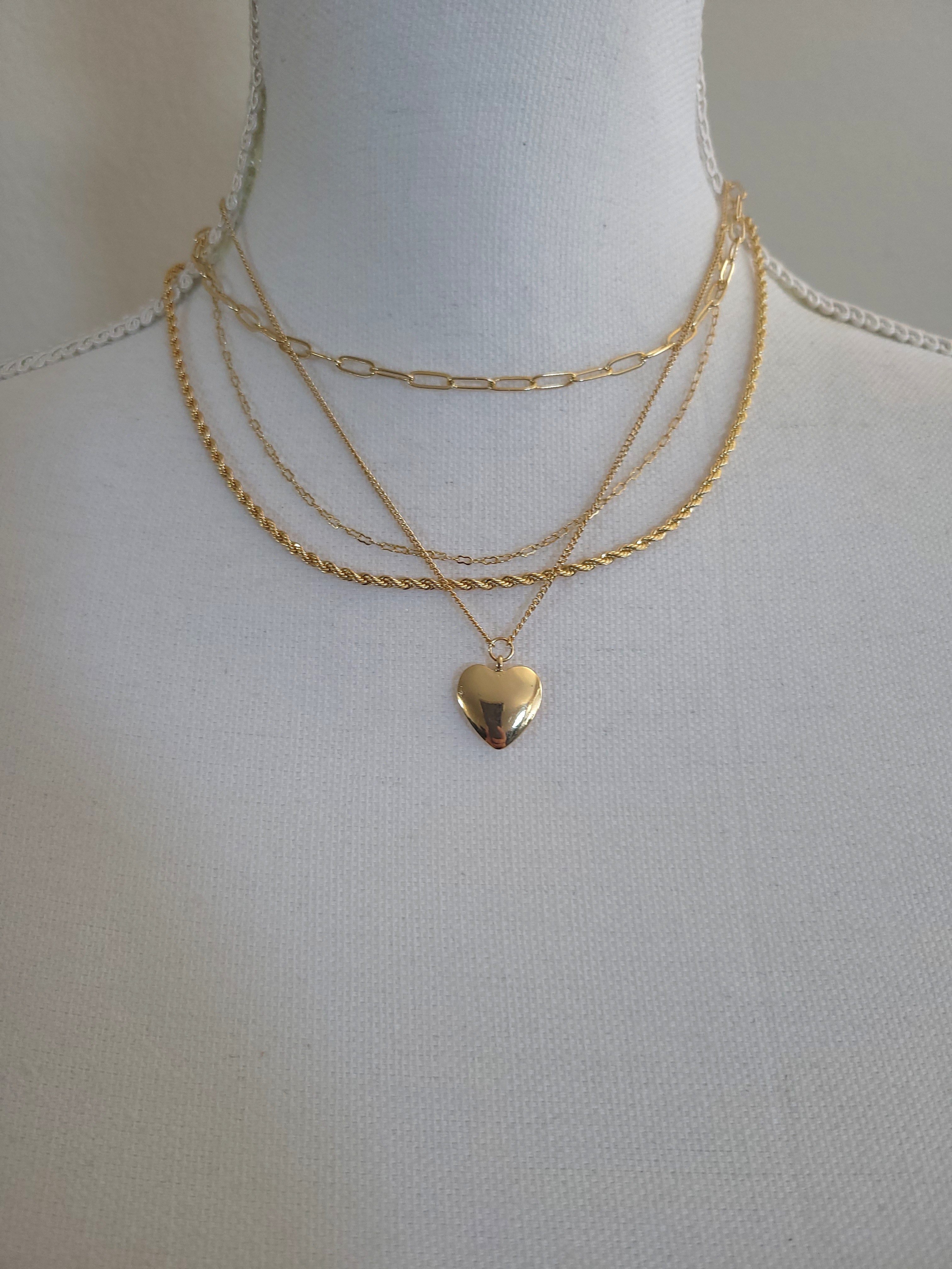 Layered Metal Heart Pendant Layered Necklace-Gold