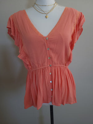 LACE INSET RUFFLED BUTTON TOP
