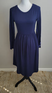 Solid Navy Long Sleeve Dress with POCKETS