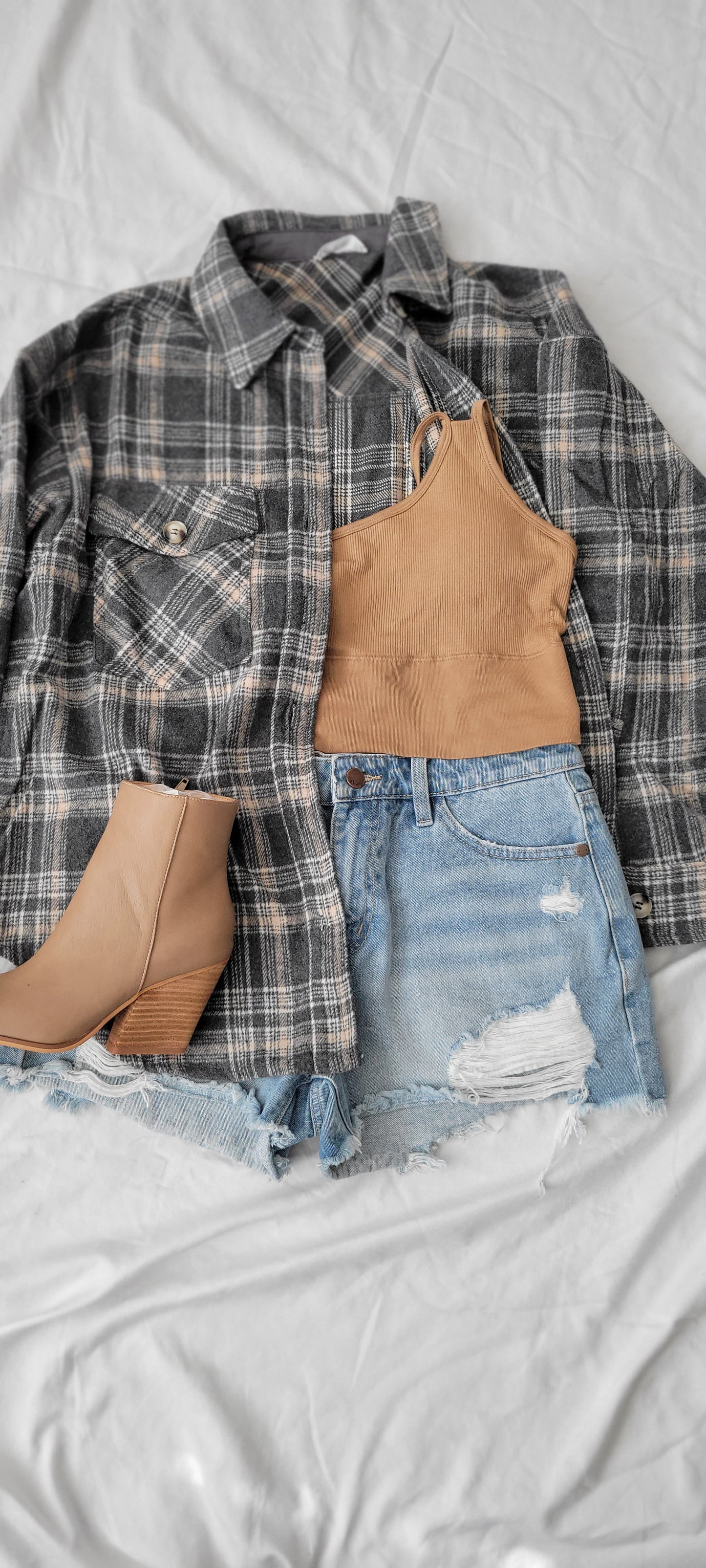 Falling For You Plaid Shacket-Grey