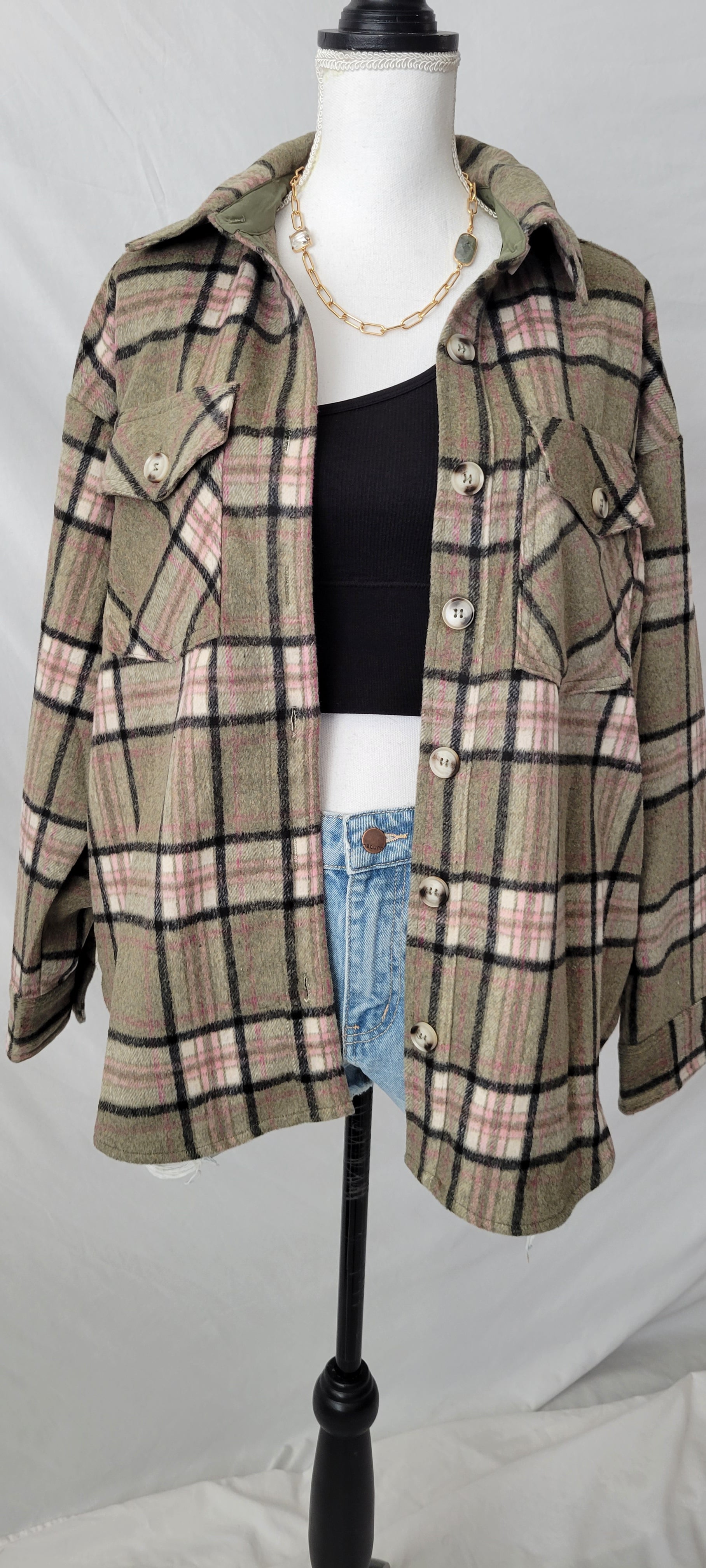 Falling For You Plaid Oversized Shacket-Green