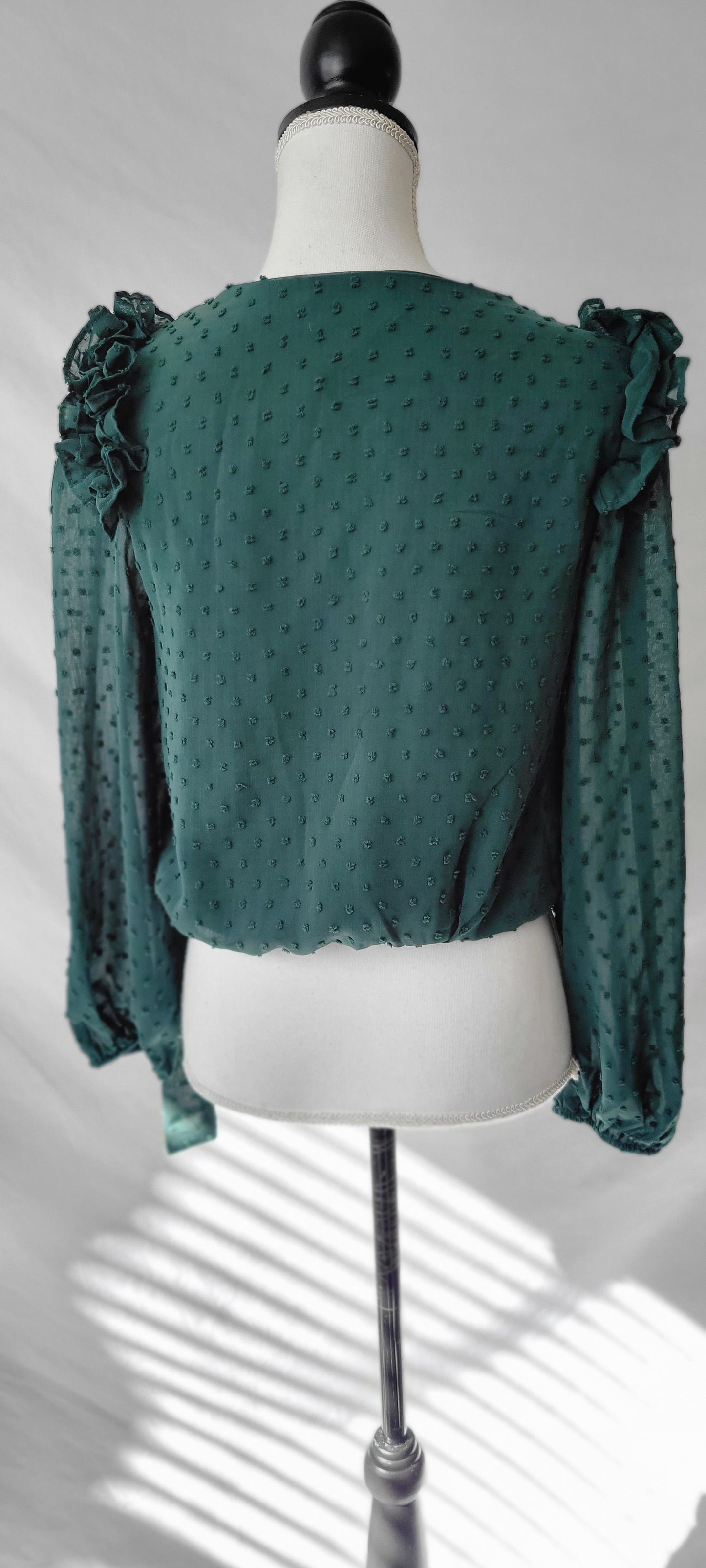 Solid Long Sleeve Ruffle Detail  Green Top