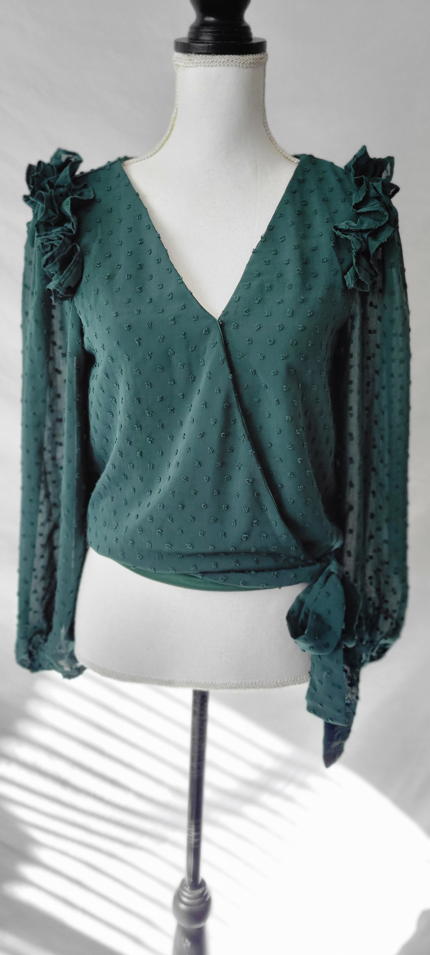 Solid Long Sleeve Ruffle Detail  Green Top