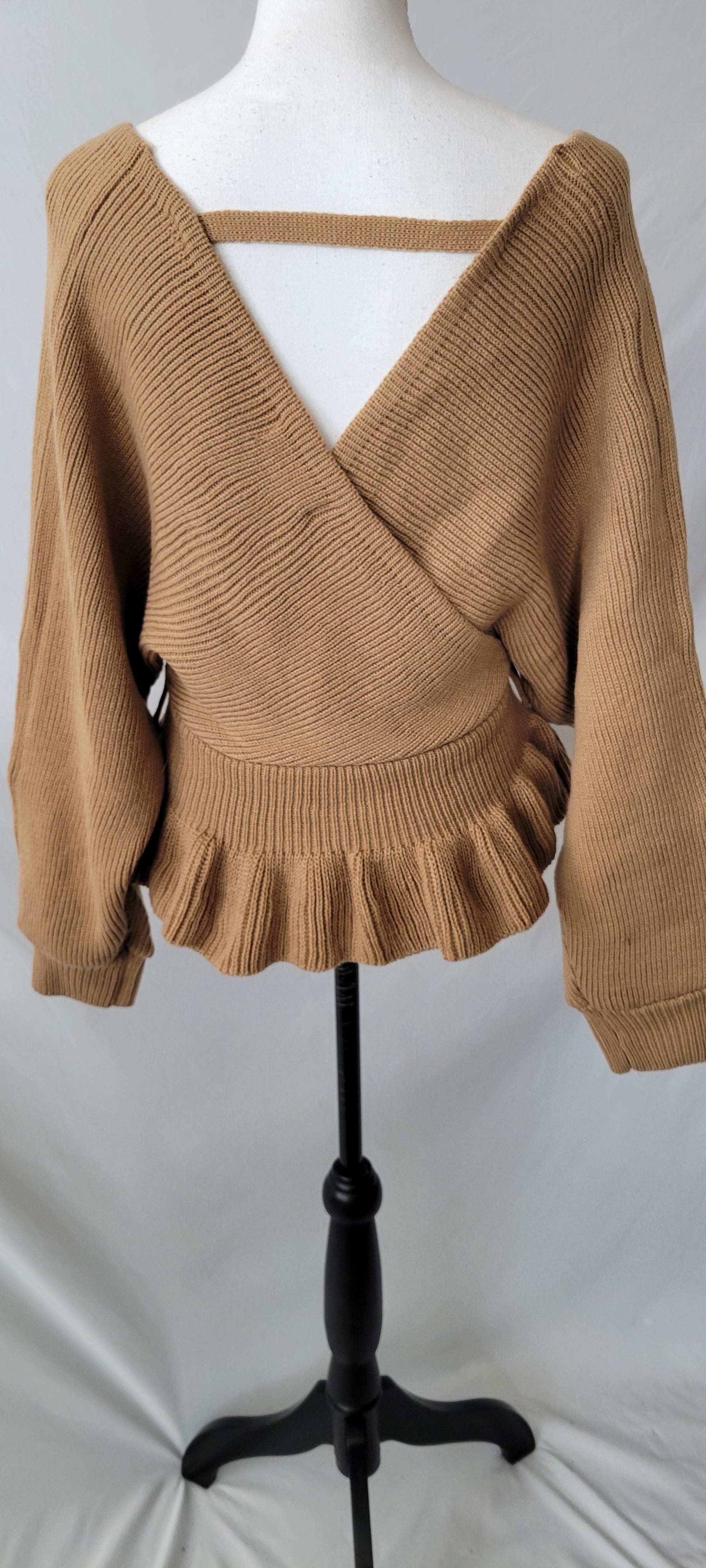 Long Sleeve Solid Knit Surplice V Neck Sweater-Camel