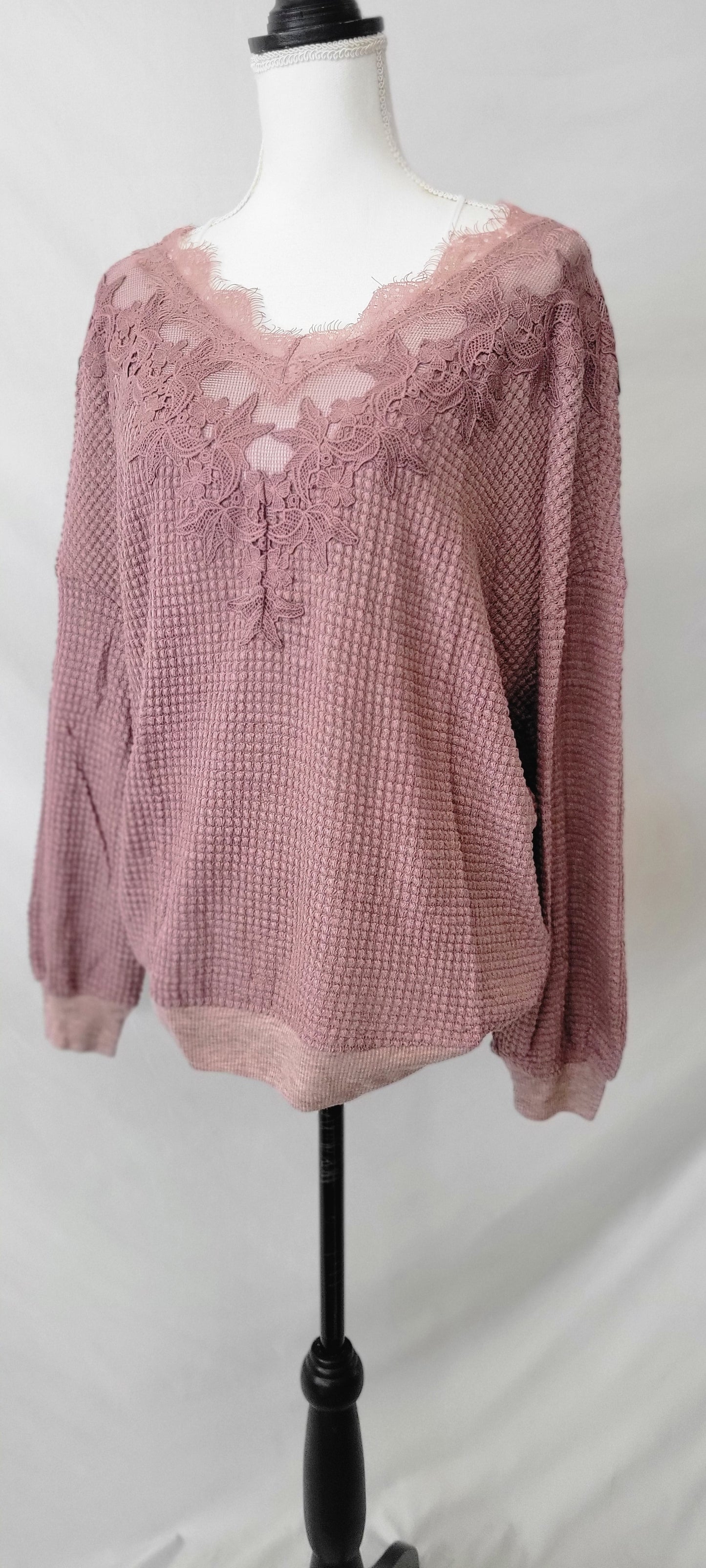 Lace Waffle Knit Top-Mauve