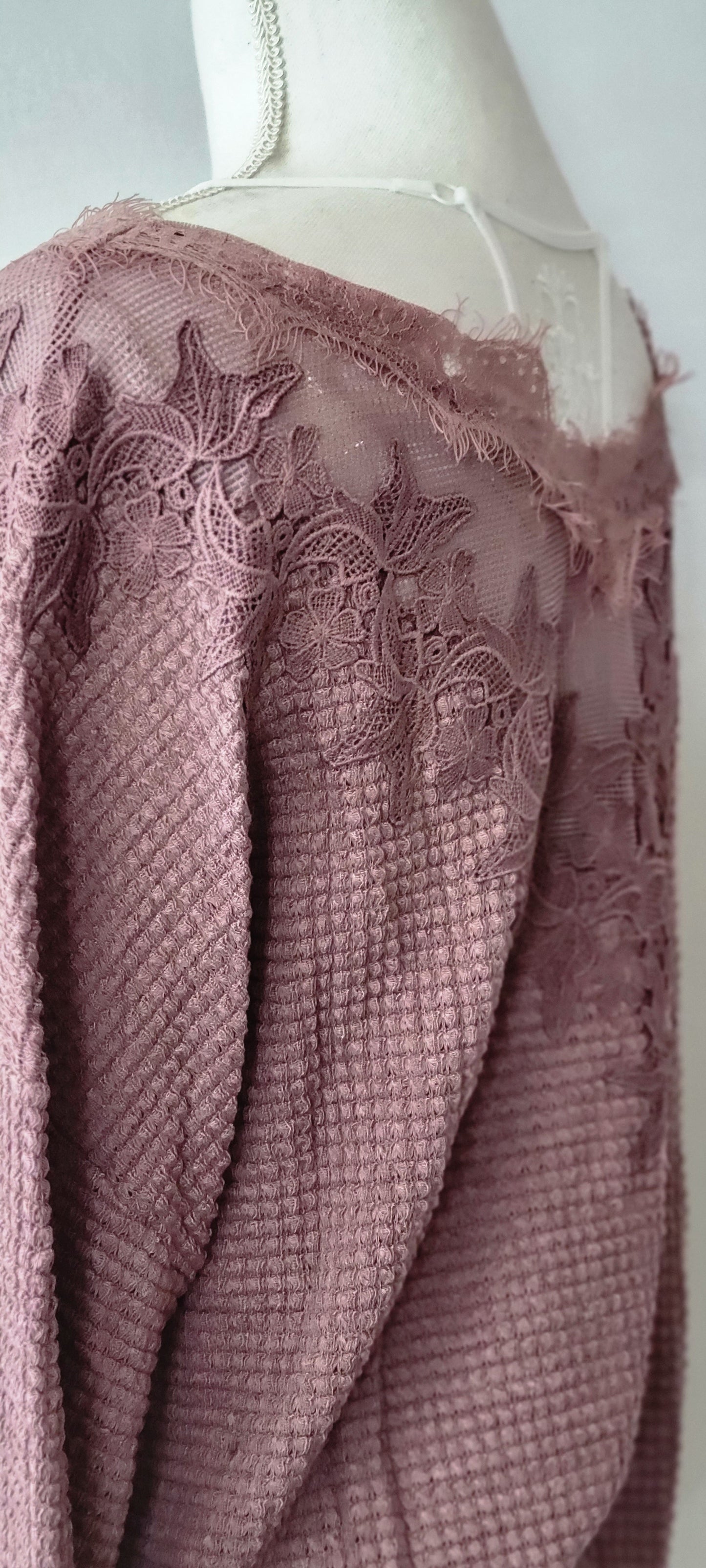 Lace Waffle Knit Top-Mauve