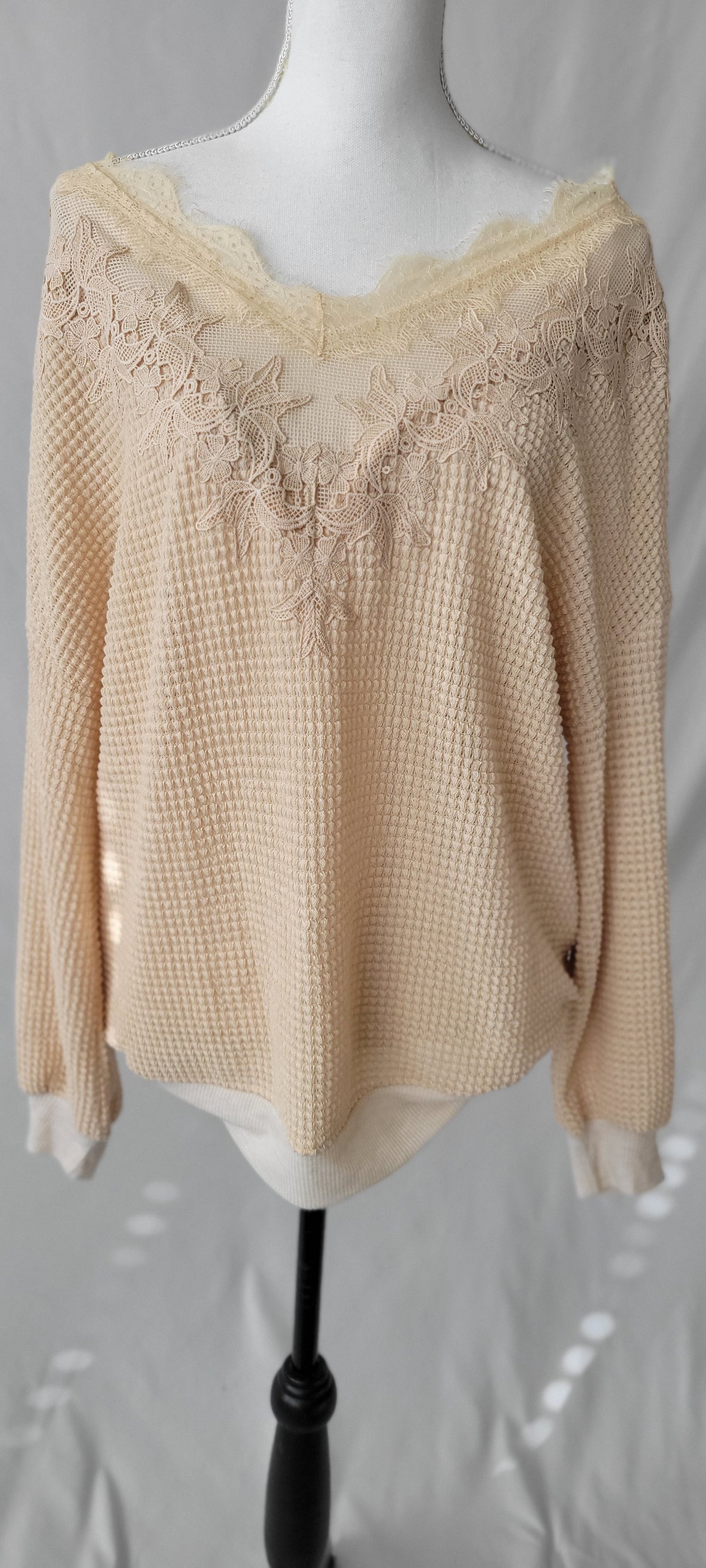 Lace Waffle Knit Top-Taupe