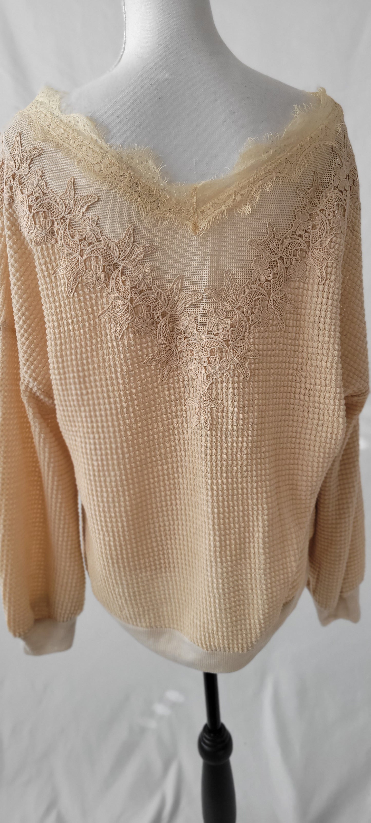 Lace Waffle Knit Top-Taupe