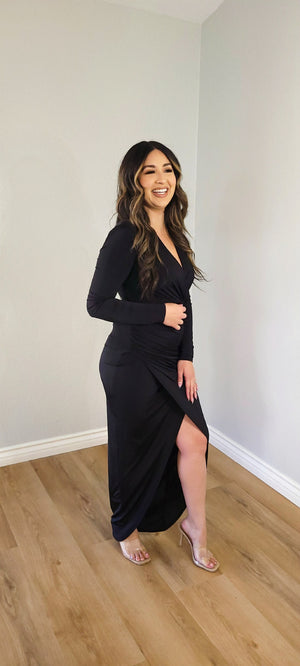 Long Sleeve Ruched  Surplice Bodycon Dress-Black