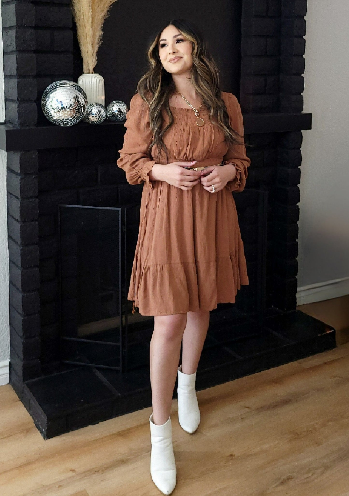 CAMEL SMOCKED WAIST RUFFLE MINI DRESS