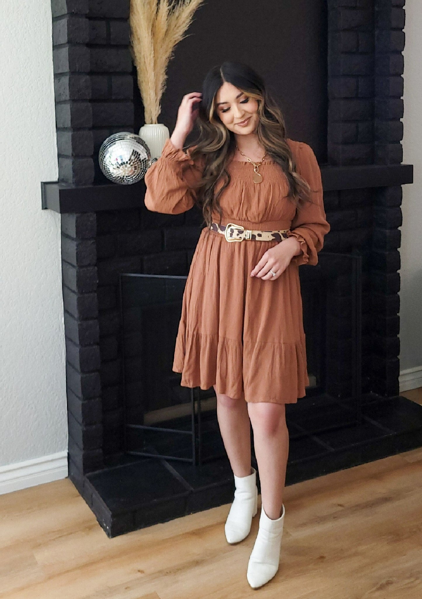 CAMEL SMOCKED WAIST RUFFLE MINI DRESS