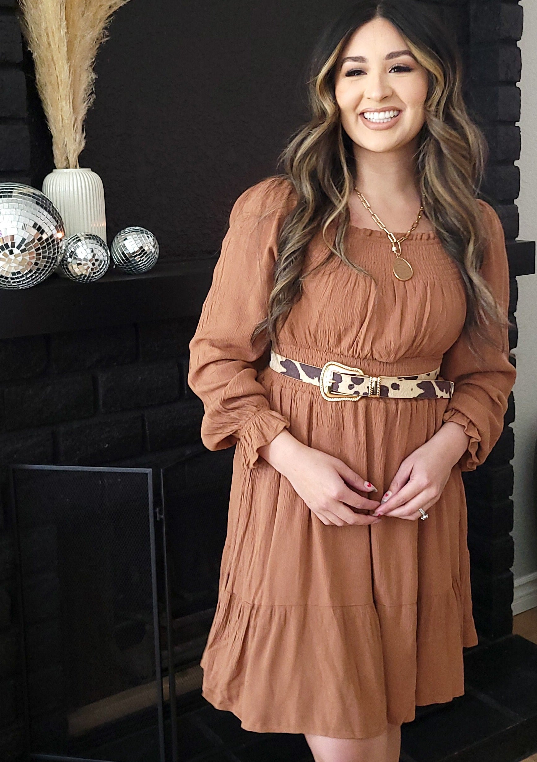 Smocked Waist Long Sleeve Dress Camel Medium
