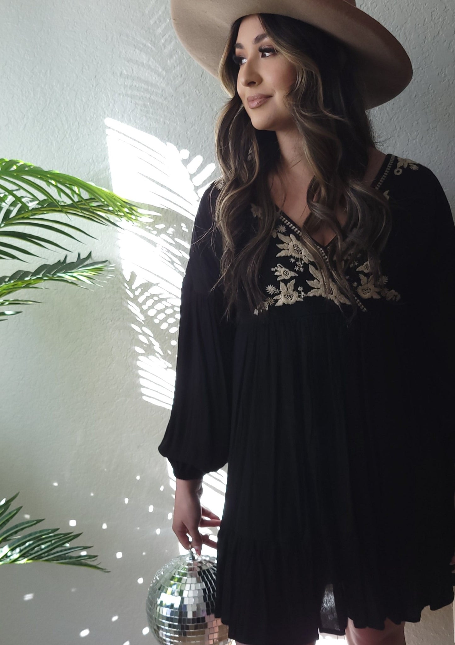 BLACK SURPLICE WRAP EMBROIDERED DRESS