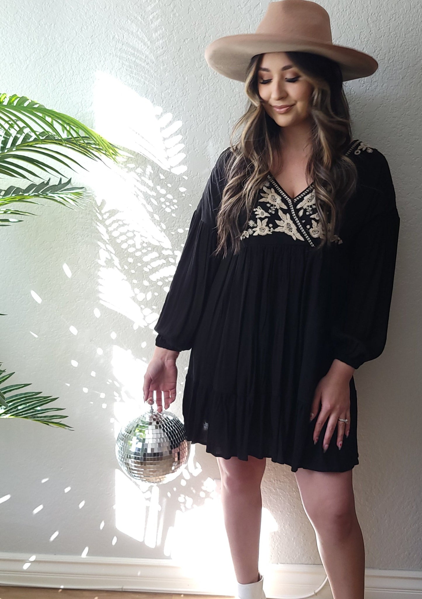 BLACK SURPLICE WRAP EMBROIDERED DRESS