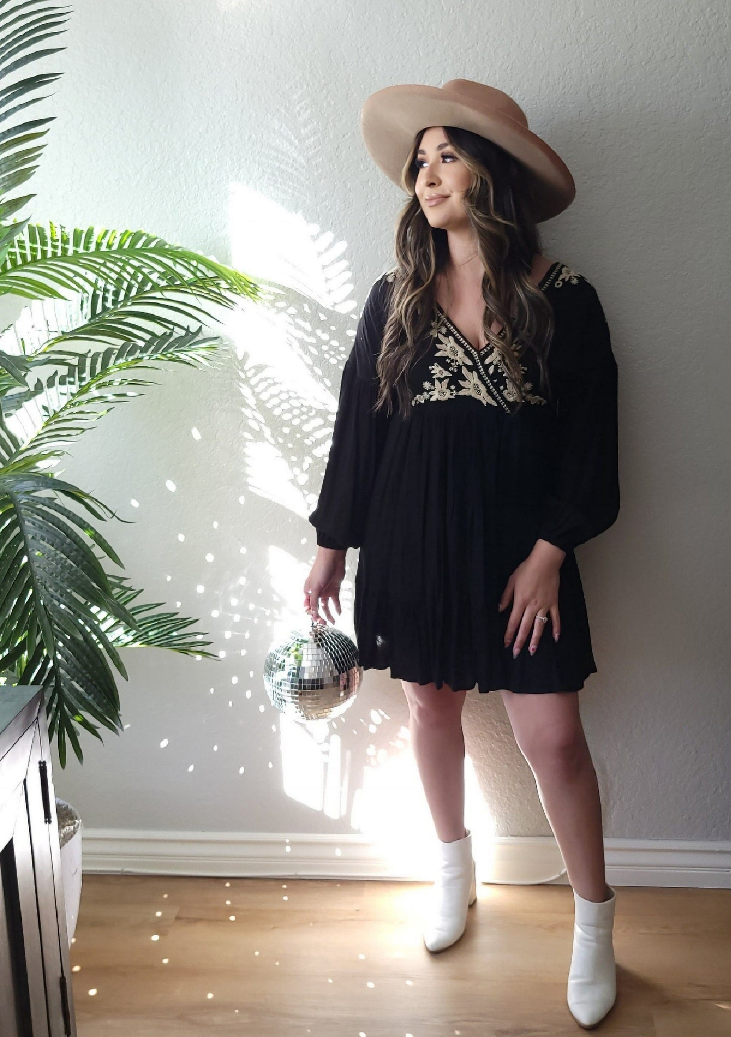 BLACK SURPLICE WRAP EMBROIDERED DRESS