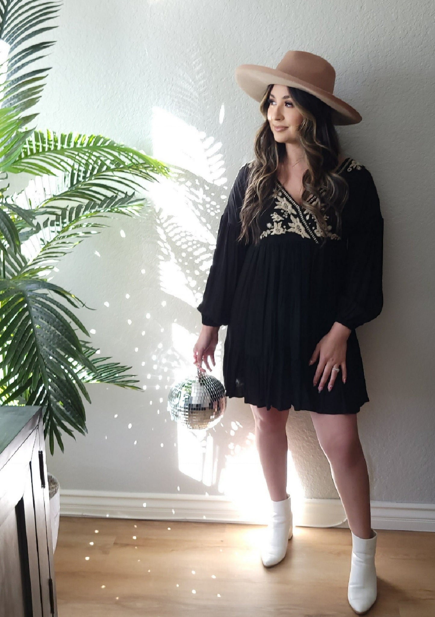 BLACK SURPLICE WRAP EMBROIDERED DRESS