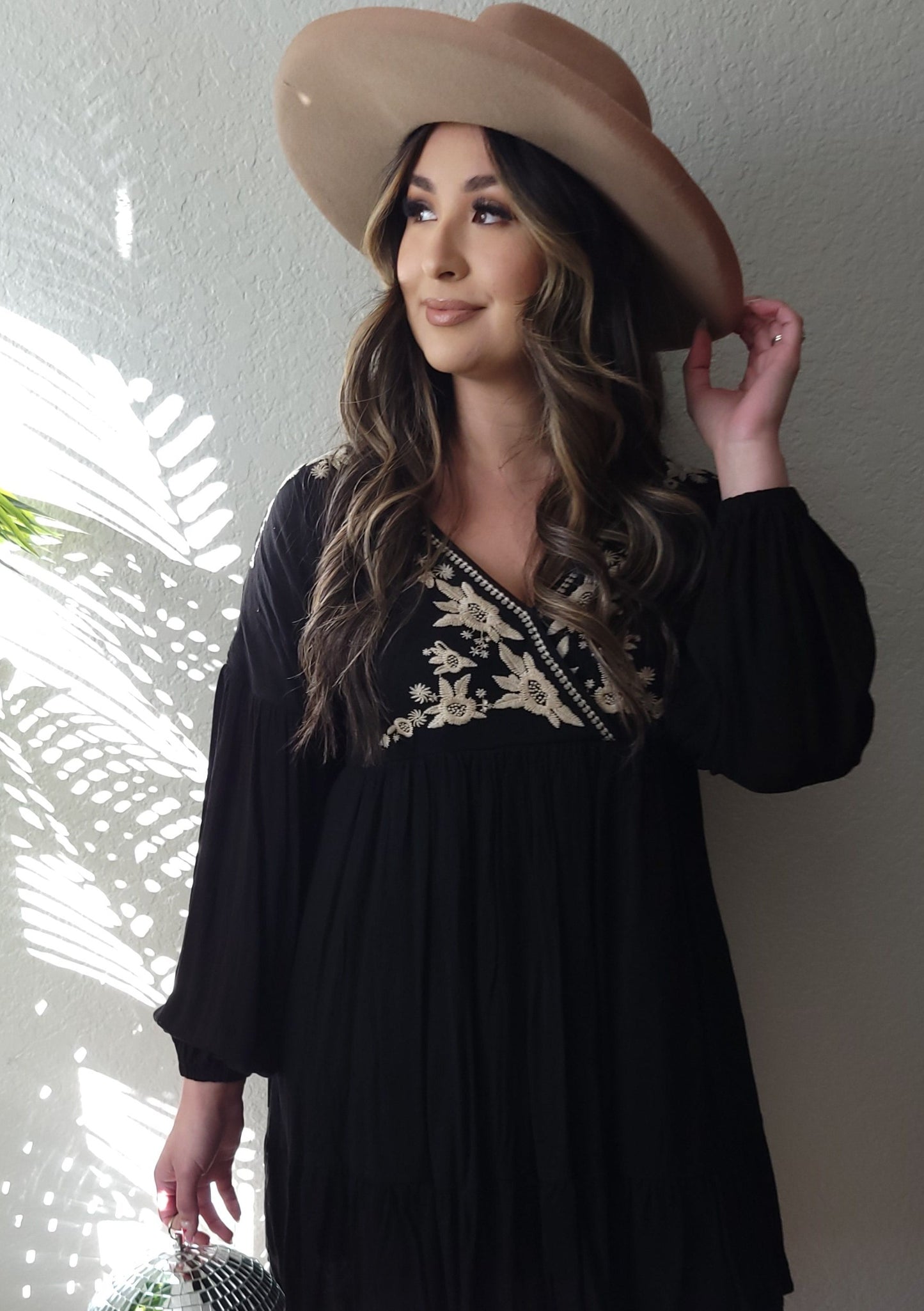 BLACK SURPLICE WRAP EMBROIDERED DRESS