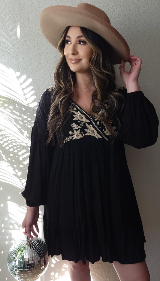 BLACK SURPLICE WRAP EMBROIDERED DRESS