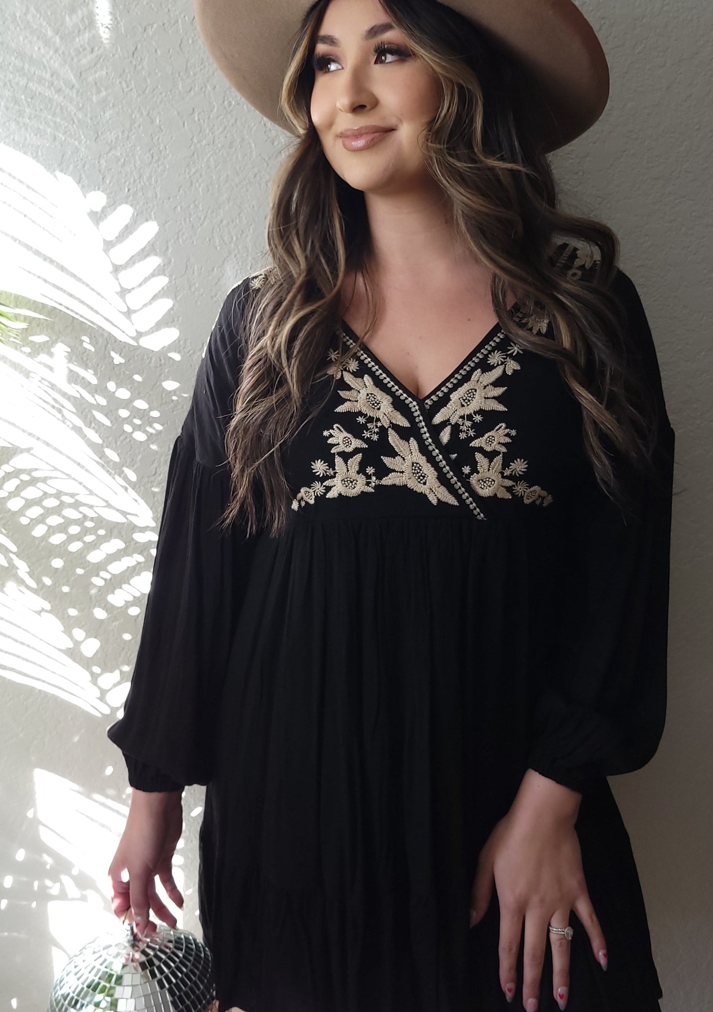 BLACK SURPLICE WRAP EMBROIDERED DRESS