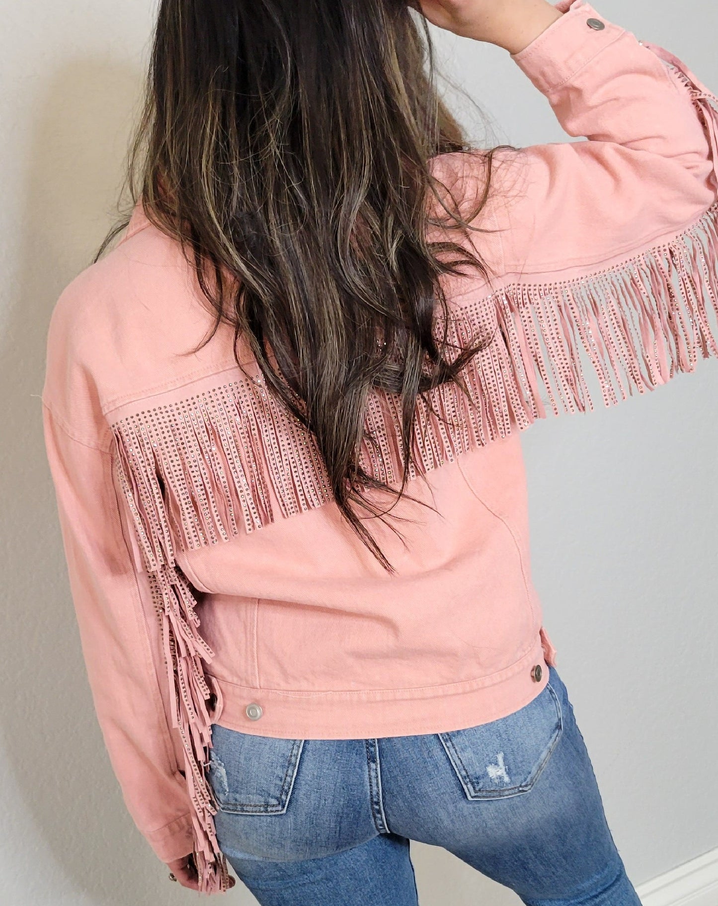 Twill Western Studded Fringe Jacket-Pink