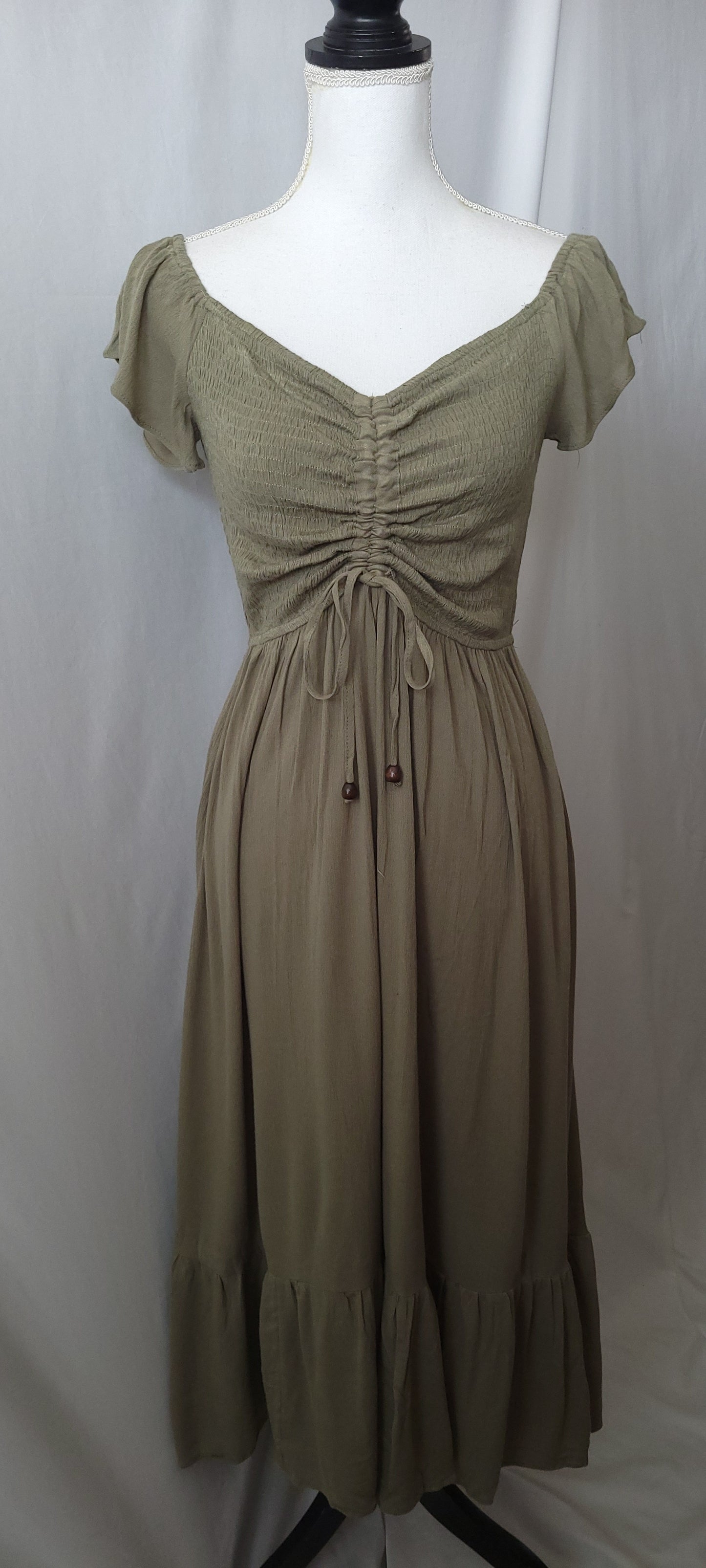 SMOCKED OFF SHOULDER RUCHED CHEST MAXI DRESS-SAGE