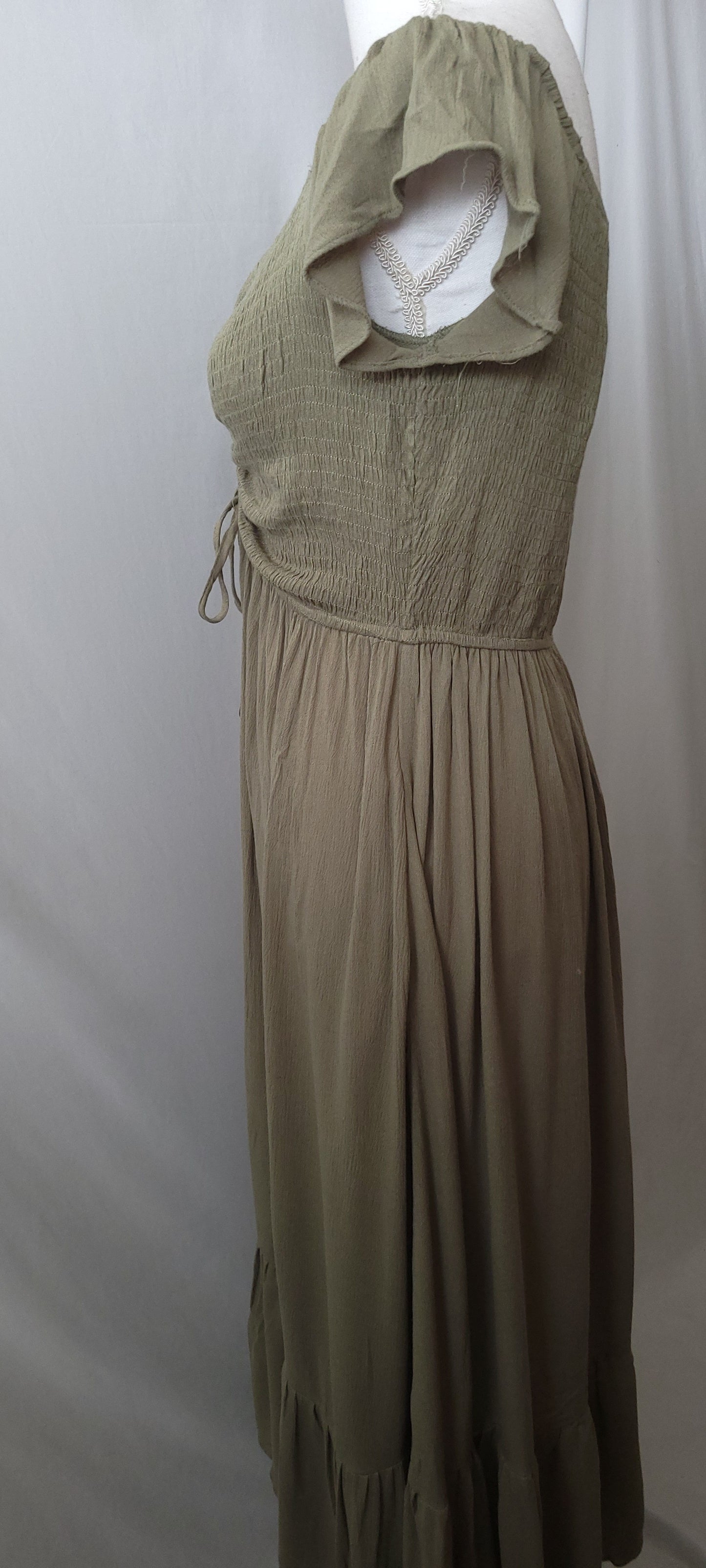 SMOCKED OFF SHOULDER RUCHED CHEST MAXI DRESS-SAGE