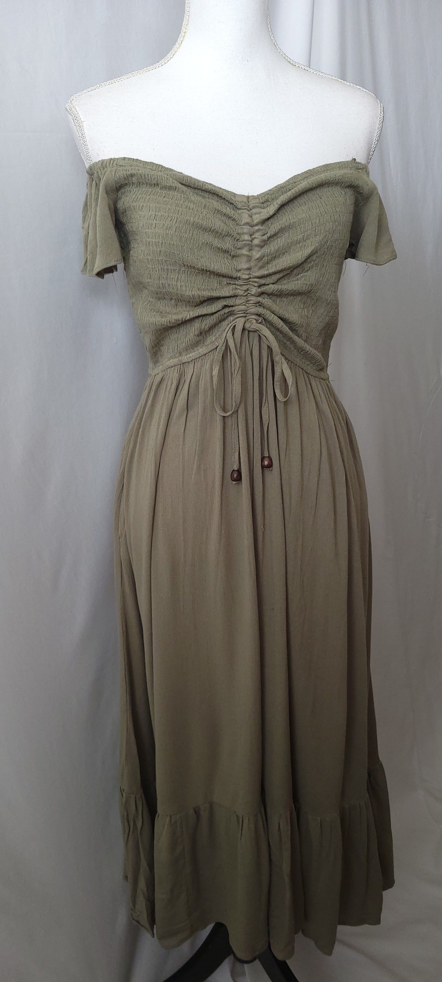 SMOCKED OFF SHOULDER RUCHED CHEST MAXI DRESS-SAGE