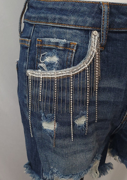 High Rise RHINESTONE Fringe Jean Shorts