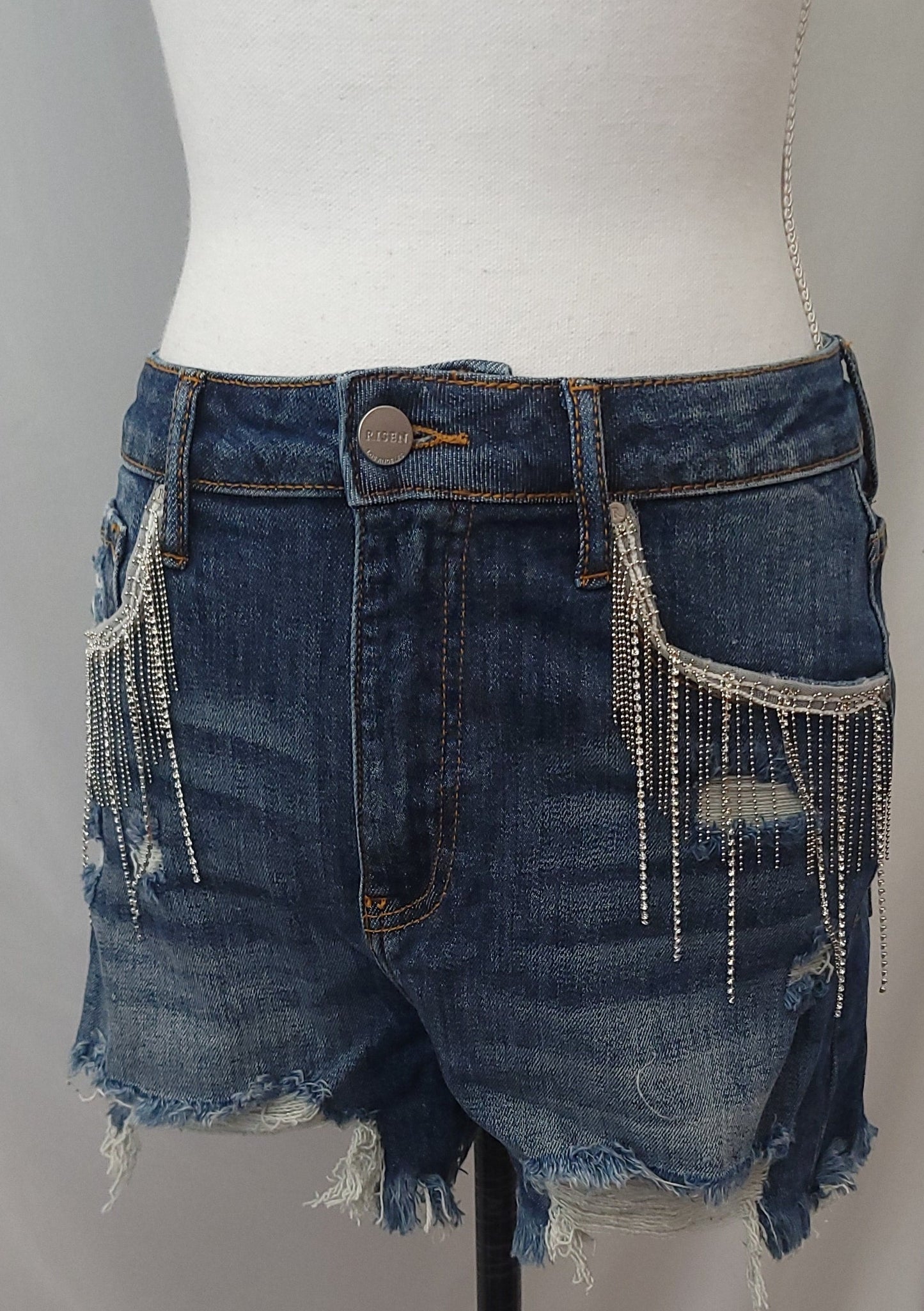 HIGH RISE RHINESTONE FRINGE SHORTS