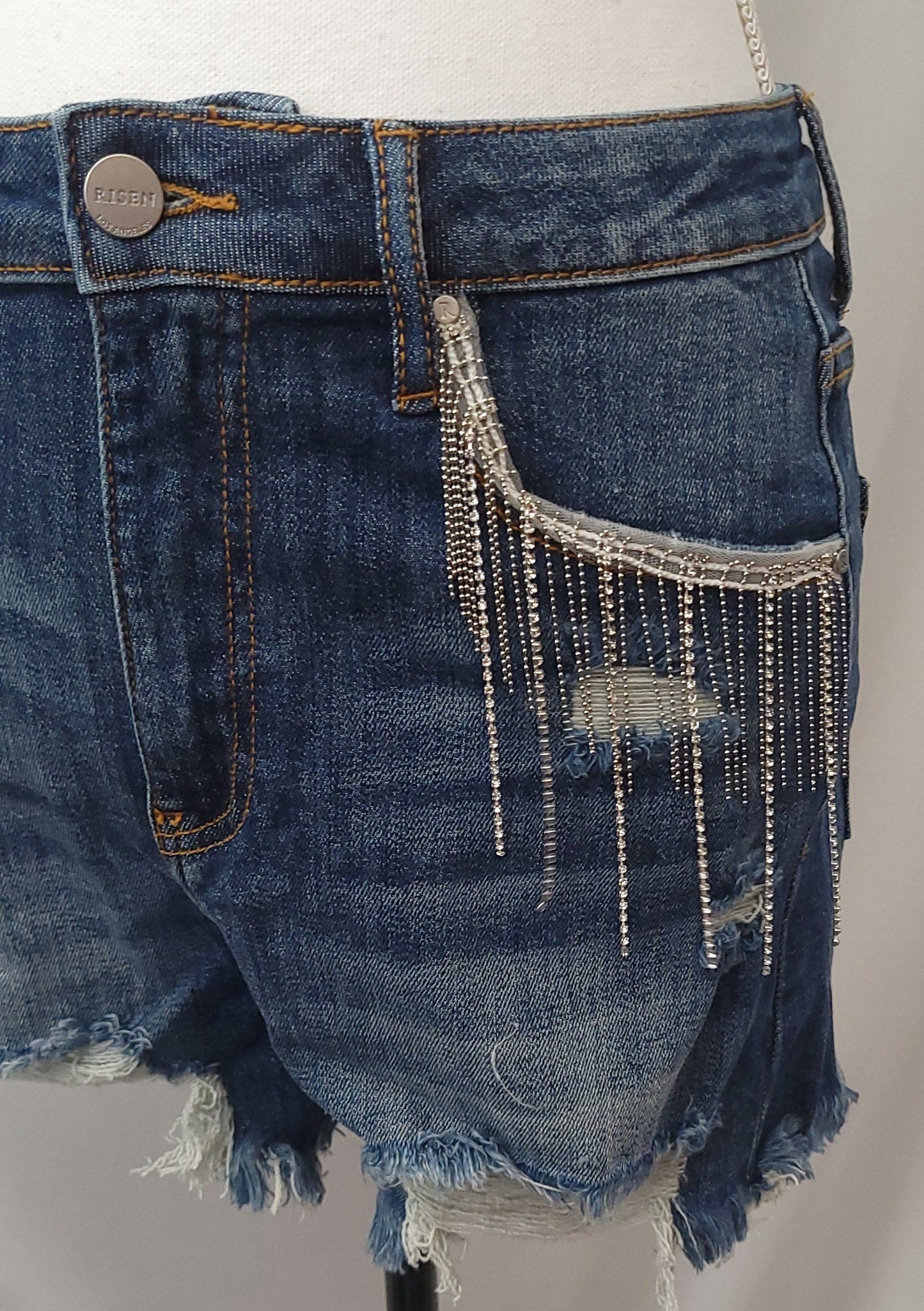 HIGH RISE RHINESTONE FRINGE SHORTS