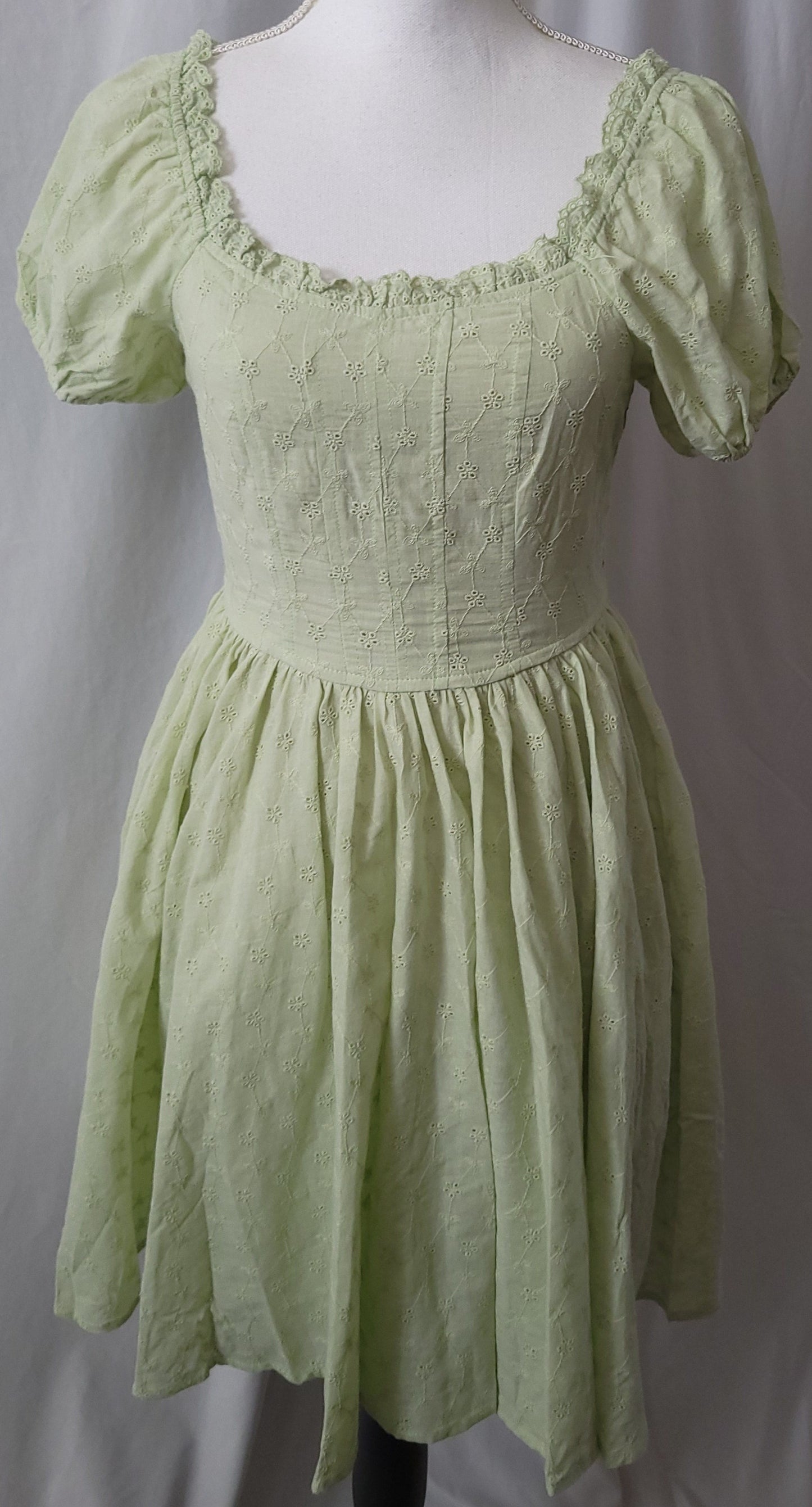 CORSET BODICE PUFF SLEEVE  EYELET LIME GREEN MINI DRESS