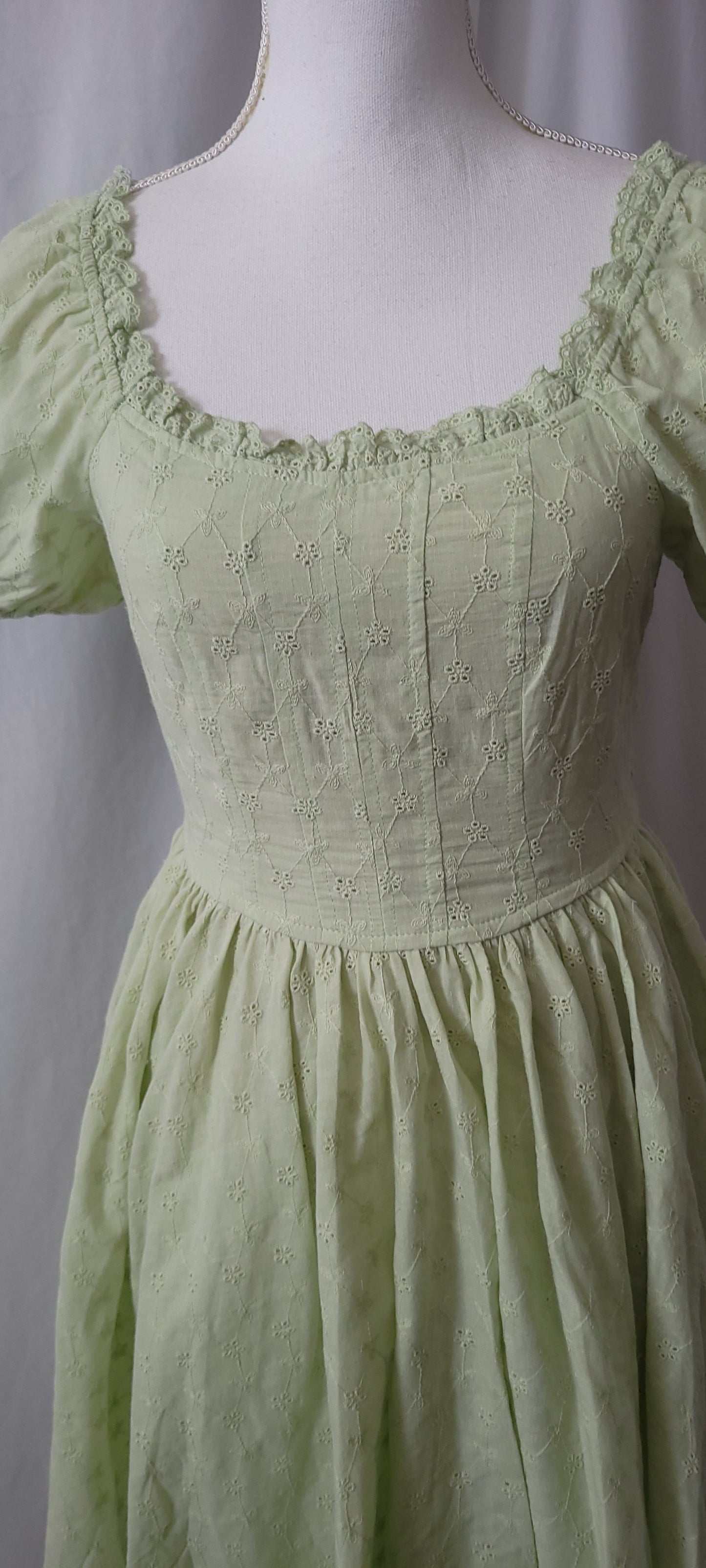 CORSET BODICE PUFF SLEEVE  EYELET LIME GREEN MINI DRESS