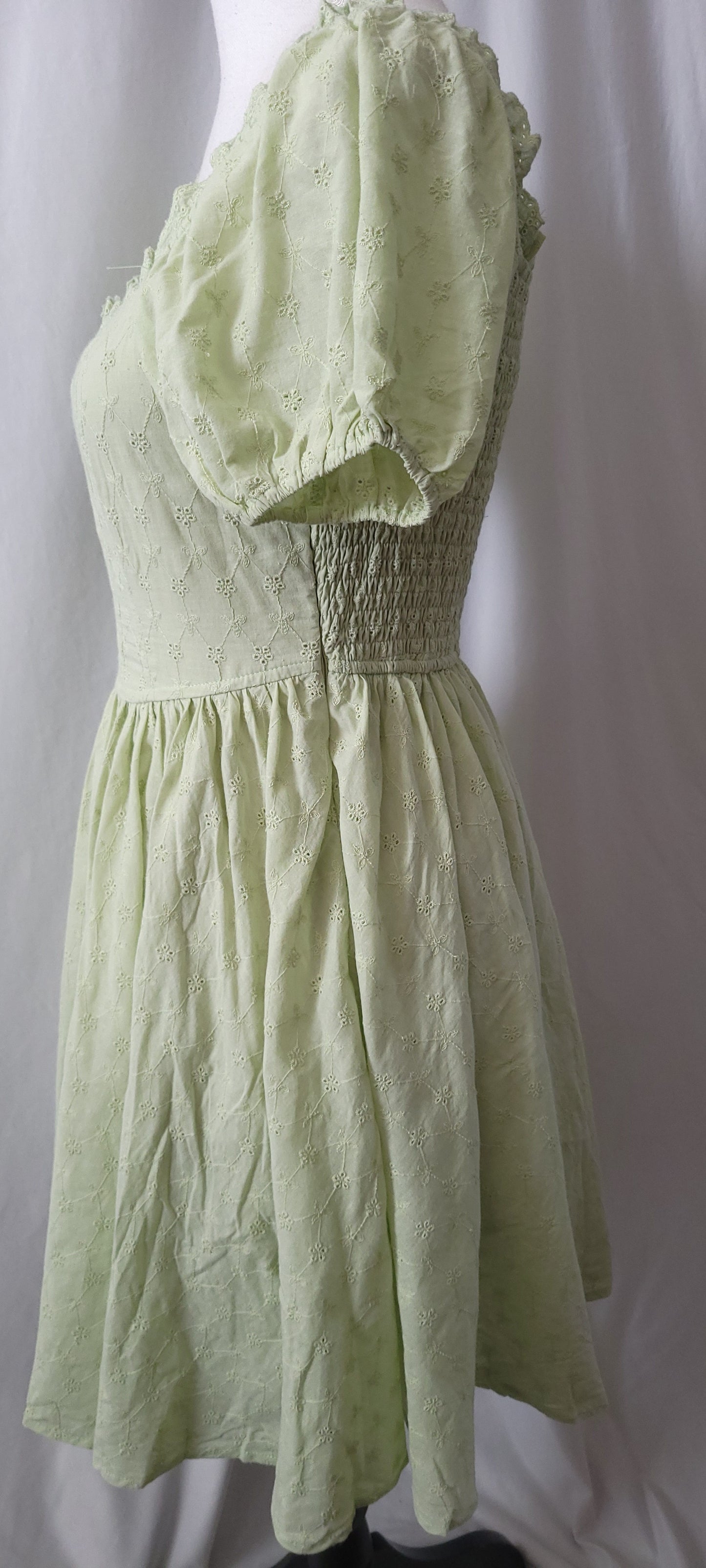 CORSET BODICE PUFF SLEEVE  EYELET LIME GREEN MINI DRESS