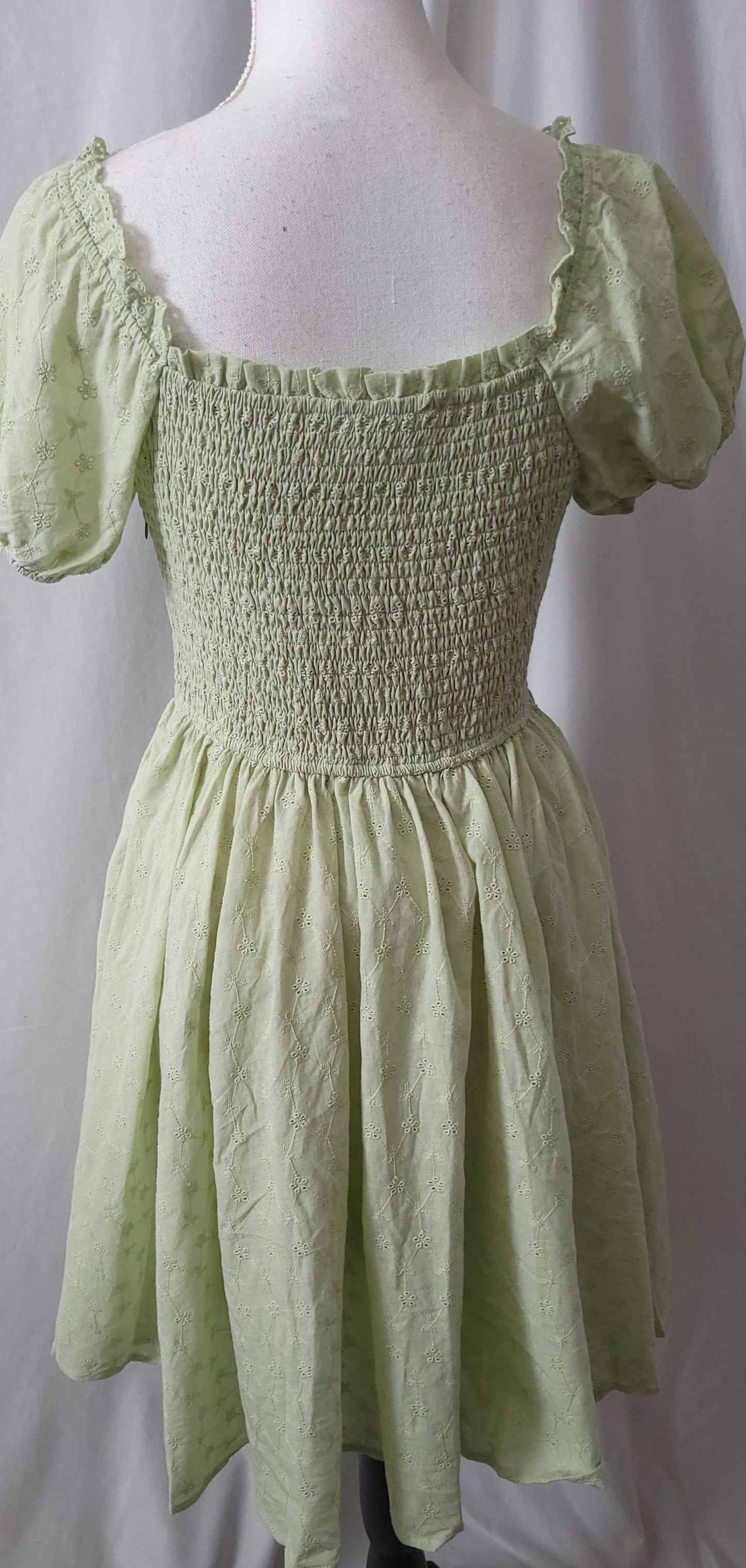 CORSET BODICE PUFF SLEEVE  EYELET LIME GREEN MINI DRESS